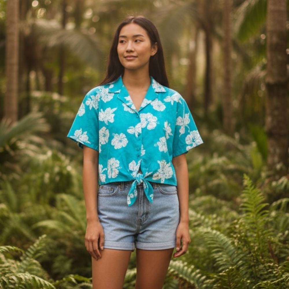 ViINTAGE 80s HILO HATTIE Hawaiian Shirt Crop Tie Front  Hibiscus Blue XL 1956-9